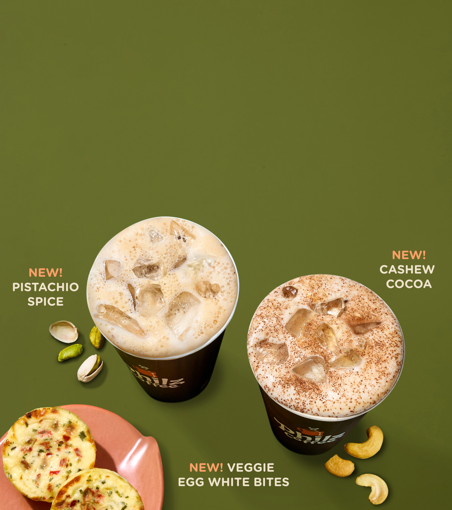 Two iced coffee beverages with veggie egg white bites.