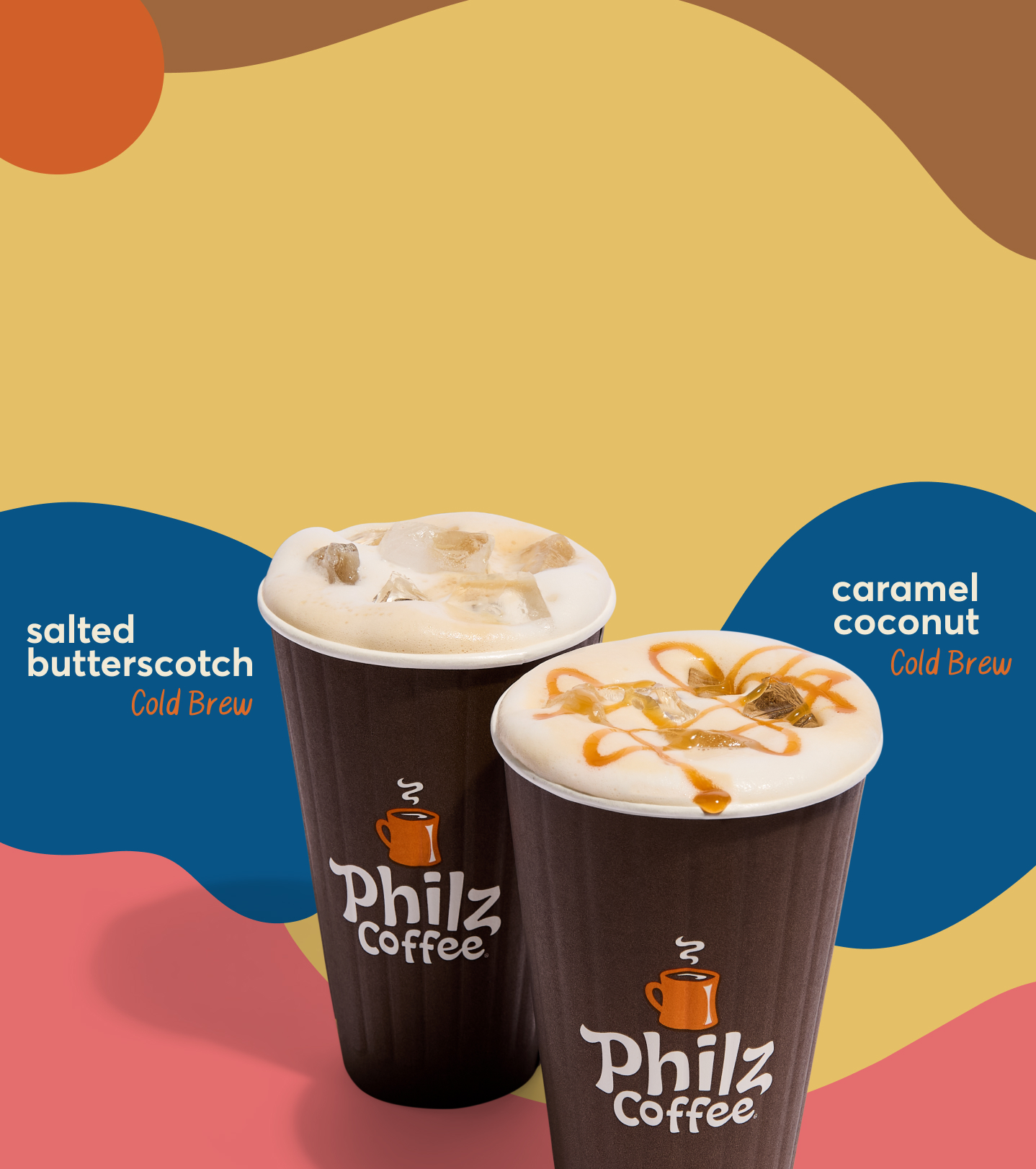 Two iced coffee beverages. One with a drizzle of caramel on top. 