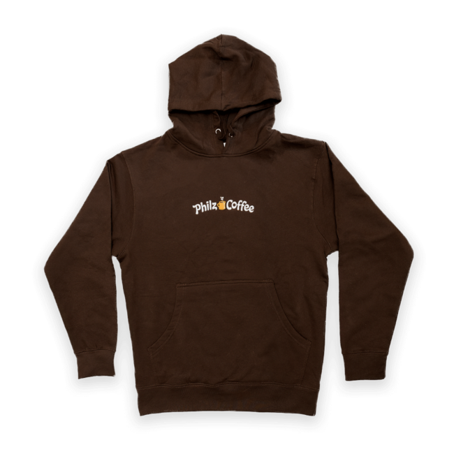 Cozy up with a brown Philz Coffee hooded sweatshirt. It's generous fit and fleece lined hood make it the perfect sweatshirt to throw on for a meet up or hangout to at home on the couch. You can show your Philz love and stay warm and toasty all season long. More about the sweatshirt: Independent Trading Co Brand, 70% Cotton, 30% Polyester, split stitch double needle sewn seams, drawstrings to tighten the hood and tearaway label for maximum comfort. It features a Philz Coffee logo across the front in white and orange.	